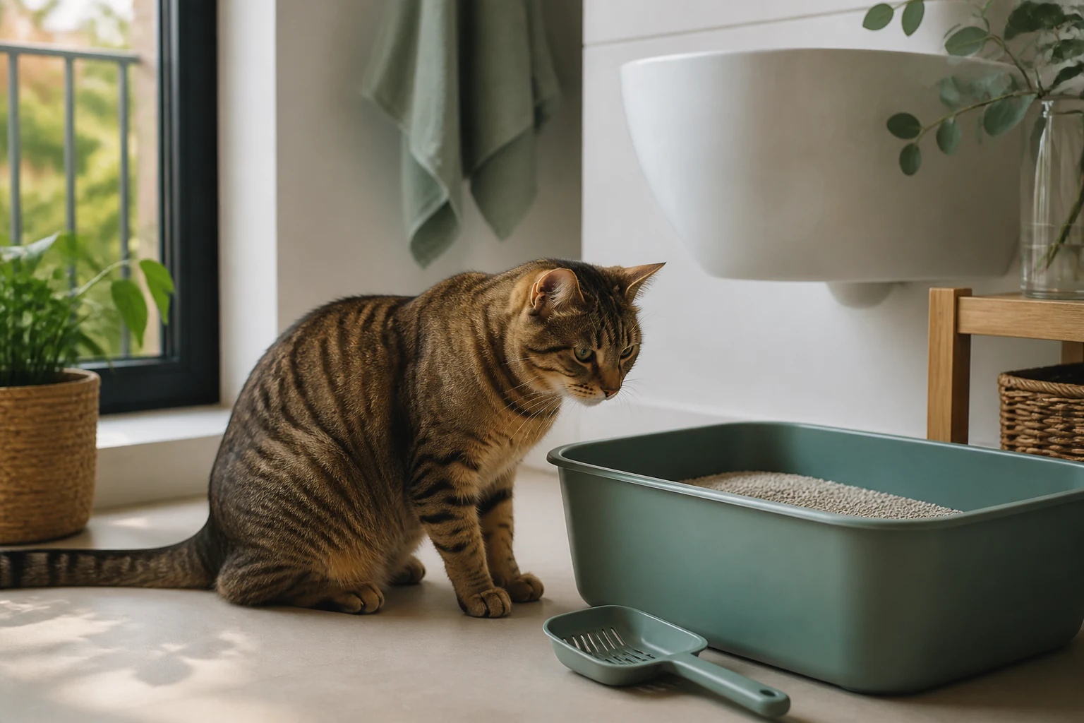 Gato junto a una bandeja de arena en un hogar luminoso.