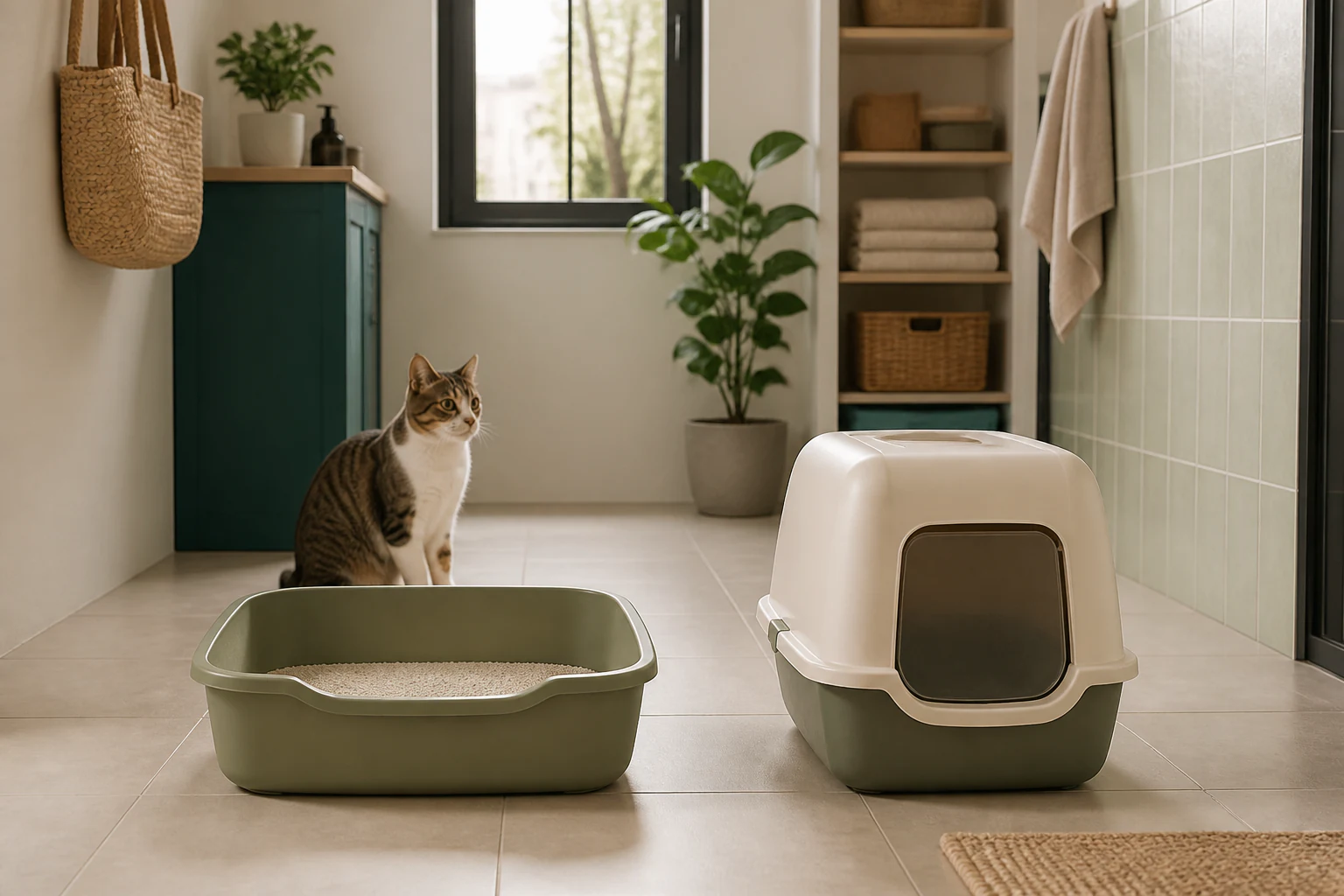 Dos opciones de arenero para gatos en un espacio doméstico.