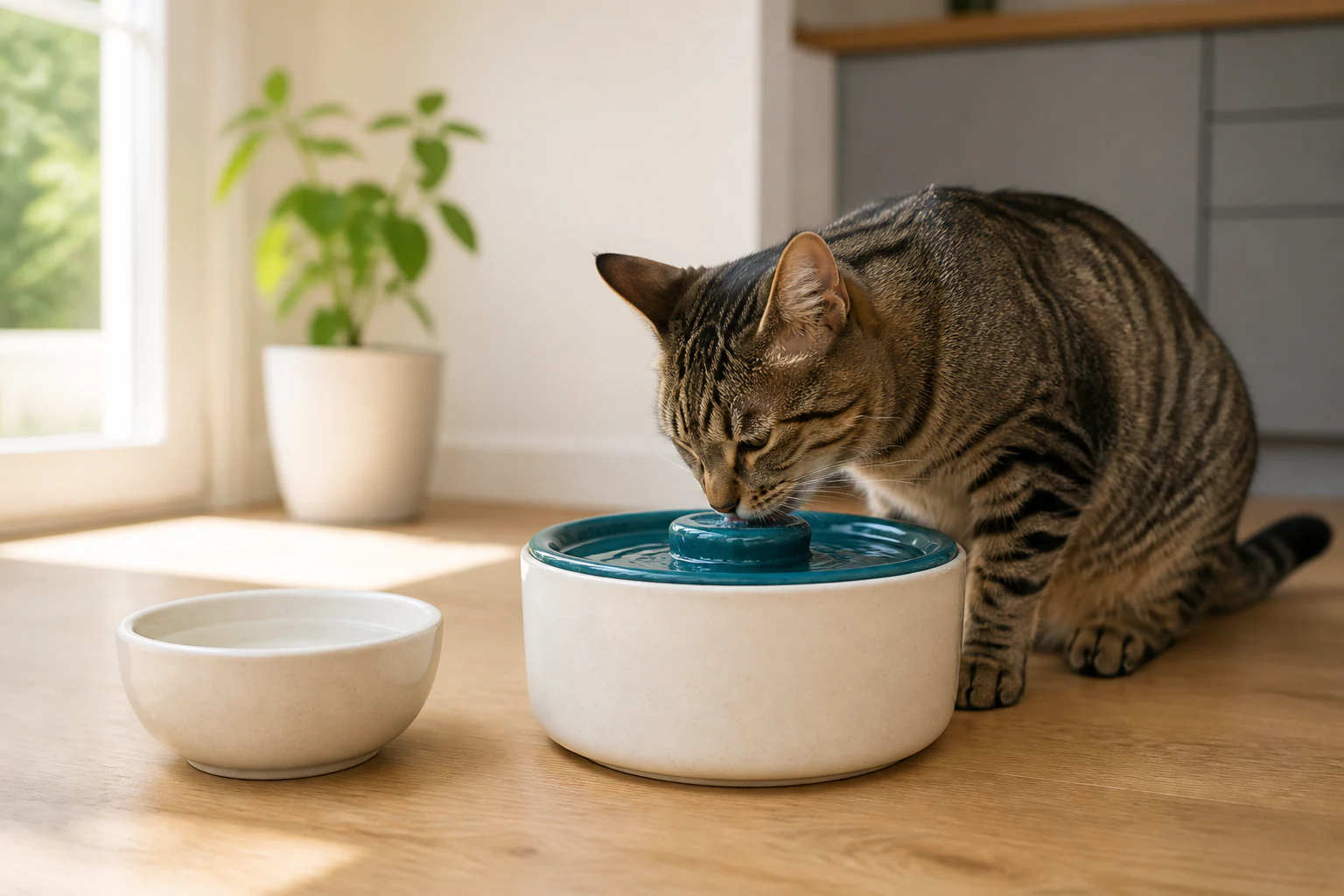 Gato bebiendo junto a una fuente y un cuenco de agua.