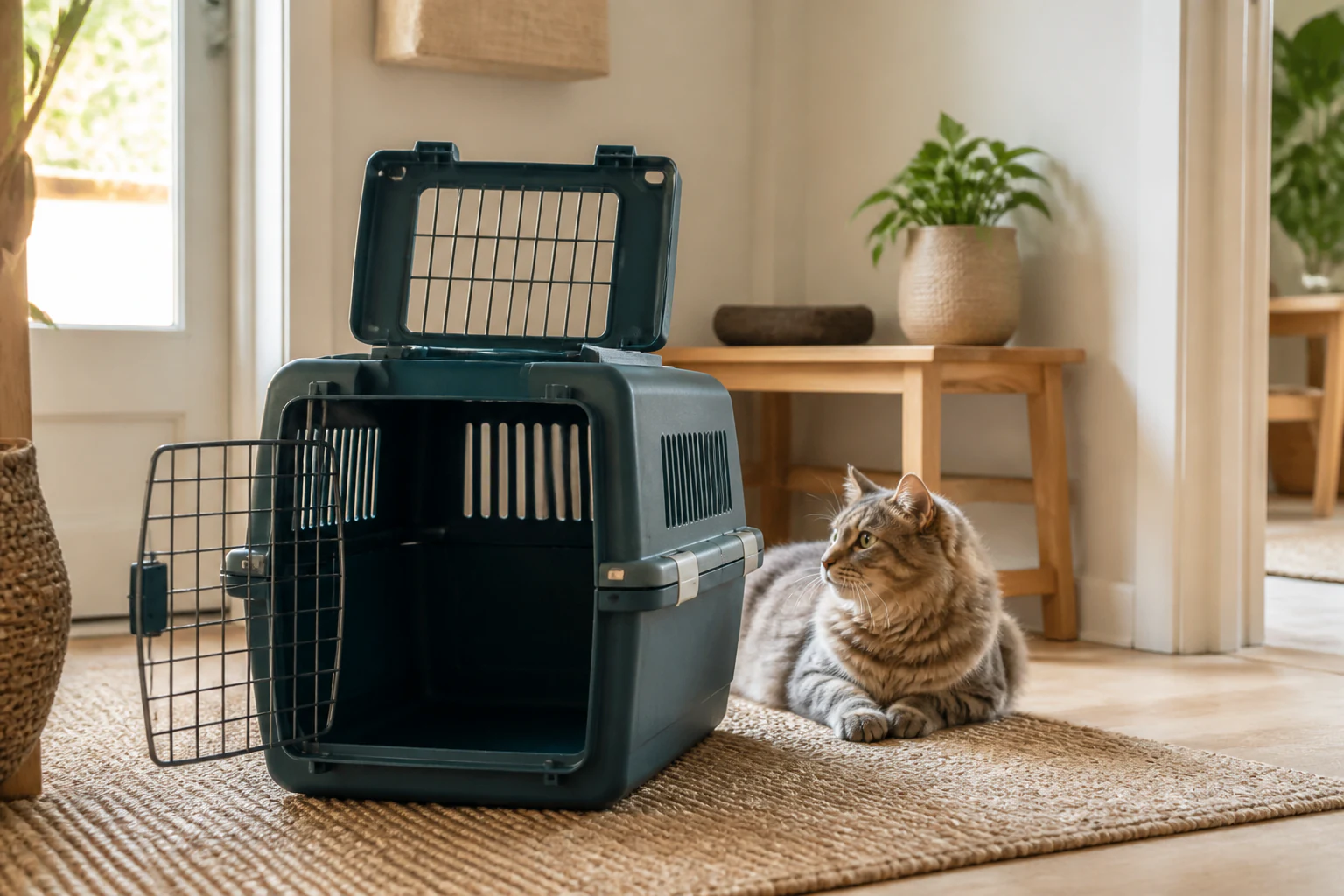 Gato junto a un transportín abierto en un salón.